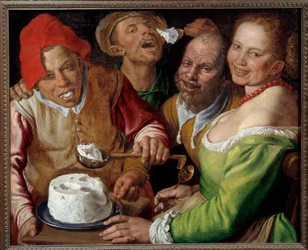 Jedáci ricotty Postavy s výraznými a groteskními tvářemi jedí sýr naběračkou. Obraz Vincenza Campiho (1536-1591)