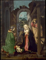 Narození se svatou Kateřinou. Klanění Ježíška s Madonou, svatým Josefem a svatou Kateřinou, kolem roku 1495 (olej na desce)