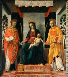 Madona s dítětem mezi svatým Faustinem a svatou Jovitou, Vincenzo Foppa (cca 1427-cca 1515), Tempera na plátně, 205x226 cm