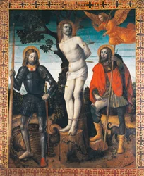 Sv. Šebestián, sv. Rocco a sv. Giorgio, rubová strana procesního praporu Orzinuovi, od Vincenza Foppy (cca 1427 - ca 1515), malba na plátně.