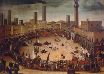 Lov býků na Piazza del Campo v roce 1546, cca 1585, obraz Vincenza Rusticiho ​​(1556-1632), olej na plátně