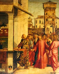 Kristovo povolání svatého Matouše, Vittore Carpaccio (asi 1465-1525 nebo 1526). Škola San Giorgio degli Schiavoni, Benátky.