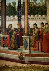 Cyklus života svaté Uršuly (bretonské princezny). Třetí epizoda: návrat velvyslanců k anglickému králi. Detail představující krále. Výpis z legende doree od Jacquese de Voragine (asi 1228-1298). Obraz Vittore Scarpazza dit