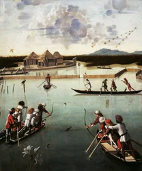 Lov na laguně, asi 1490-5 (olej na desce)