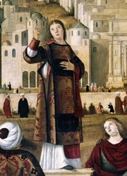 Svatý Štěpán. Detail z obrazu "Kázání svatého Štěpána v Jeruzalémě". Obraz Vittore Carpaccia. (1450/54-1525/26)