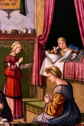 Narození Panny Marie, cyklus Scuola degli Albanesi, kolem 1502/03 (olej na dřevě)