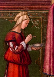 Narození Panny Marie, cyklus Scuola degli Albanesi, kolem 1502/03 (olej na dřevě)