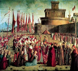 Poutníky potkává papež Cyriacus před římskými hradbami Legenda o svaté Uršule, 1497