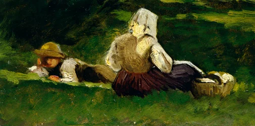 Sedící žena a chlapec ležící na trávě, Vittorio Avondo (1836-1910).