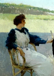 Portrét dámy venku od Vittoria Mattea Corcose (1859-1933), olej na plátně, 92x64 cm, cca 1910
