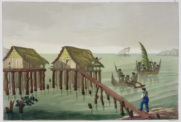 Habitations of the Papu Tribe, Rawak, deska 22 z „Le Costume Ancien et Moderne“ od Julese Ferraria, vydáno kolem 1820-30s