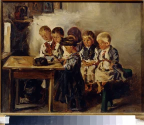 Počkejte na milenku. (Čekání na učitele). Obraz Vladimíra Jegoroviče Makovského (Makovskij, Makovskij) (1846-1920), olej na plátně