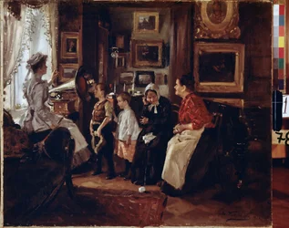 Nebo gramofon. (U gramofonu). Peinture de Vladimir Jegorovič Makovski (Makovskij, Makovskij) (1846-1920), huile sur toile