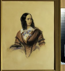 Portrét Natalji Gončarovové (1812-1863), manželky básníka Alexandra Puškina (1799-1837). Dílo Vladimira Ivanoviče Haua (Gau) (1816-1895), akvarel na kartonu
