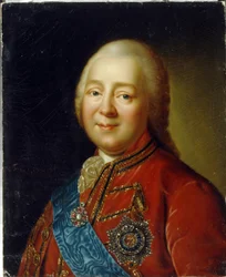 Portrét generála a hraběte Nikity Ivanoviče Panina (1718-1783). (Portrét generála hraběte N. I. Panina). Obraz Vladimíra Lukiče Borovikovského (nebo Borovikovského) (1757-1825), olej na kartonu, konec 18. století, ruské umění. Státní muzeum umění Kyrgyzské