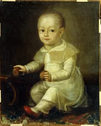 Portrét dítěte s jablky. (Portrét dítěte s jablky). Obraz Vladimir Lukitch Borovikovsky (nebo Borovikovsky) (1757-1825)