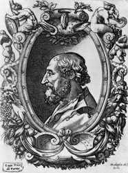 Portrét Ludovica Ariosta (1474-1533), italského básníka a dramatika, Medaglie del Doni, rytina Enea Vico (1523-1567)