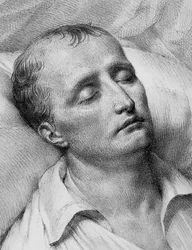 Portrét Napoleona Bonaparta (1769-1821) na smrtelné posteli, litografie