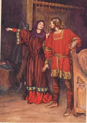 Gertruda odhaluje, že Hamlet zabil Polonia, z „Hamleta“ Williama Shakespeara, vydání vydané nakladatelstvím Hodder a Stoughton v roce 1915