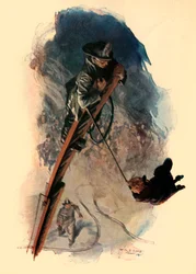 Plná šířka ulice houpala závěsnou figuru, 1910.