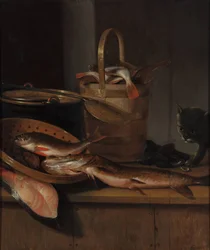 Zátiší s rybou a kočkou, c. 1650-1660