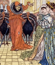 Zjevení čarodějnice doprovázené dvěma pávy, rytina podle kresby Waltera Cranea (1845-1915)