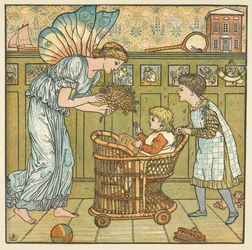 Barevná ilustrace pro "dětskou kytici", říkanku. Víla dává květiny dítěti.