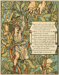 Jack sestupuje po Beanstalku z Jack and the Beanstalk pub. 1875 barevná litografie, 1875.