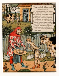 Jack prodává svou krávu za fazole z hospody The Blue Beard Picture Book. 1879 barevná litografie, 1879.
