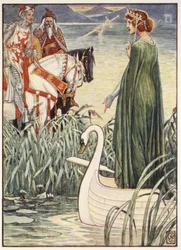 Král Artuš žádá Paní jezera o meč Excalibur, z „Příběhů rytířů Kulatého stolu“ od Henryho Gilberta, první vydání, 1911