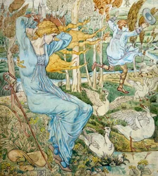 "Mladý muž se snaží dohonit svůj klobouk, který mu uletěl ve větru. Pozoruje ho hlídač. Ilustrace: Walter Crane (1845-1915) Soukromá sbírka