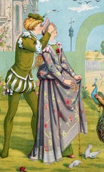 "Romantické překvapení" Mladý chlapec zakryje oči mladé dívce. Ilustrace Waltera Cranea (1845-1915) a Kate Greenawayové (1846-1901)
