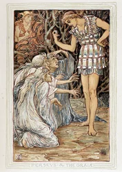 Persee and the Graia (Beotie, Řecko) – Setkává se se třemi starými ženami (čarodějnicemi?) – v „Zázračné knize pro dívky a chlapce““ od Waltera Cranea (1845-1915)