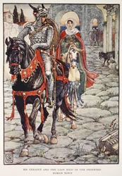 Sir Geraint a lady Enid v opuštěném římském městě, z „Příběhů rytířů kulatého stolu“ od Henryho Gilberta, první vydání, 1911