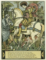 Princ se ptá na cestu v hospodě The Blue Beard Picture Book. 1879 (barevné lito)