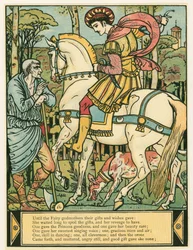 Princ se ptá na cestu v hospodě The Blue Beard Picture Book. 1879 barevná litografie, 1879.