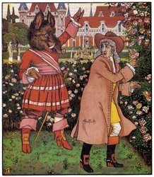 Otec krásné sbírá růže na zahradě řepy. Ilustrace Waltera Cranea (1845-1915) v knize "Beauty and the Bete", Anglie.