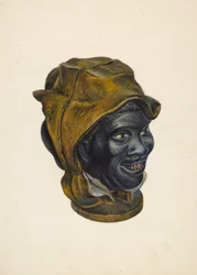 Hračka pokladnička: hlava černého chlapce, kolem roku 1939.