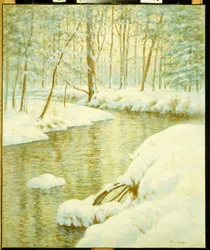 Winter Stream, Sunset Glow (olej na plátně)