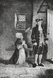 Elspeth ja Lord Glenallan, kuvitus antikvariaatille, Walter Scottin (1771-1832) historiallinen romaani, kaiverrus