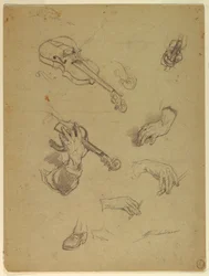 Kresba, list studie rukou houslisty, 1878