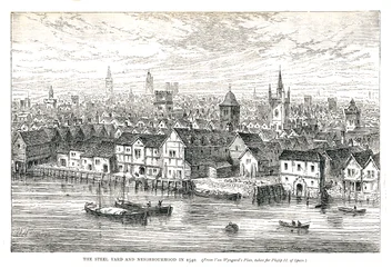 The Steel Yard Iron Wharf and Neighborhood v roce 1540. Na břehu řeky, 1878