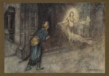 Deska 13: "Viděl krásnou ženu vycházet z paláce", z Lidových příběhů Bengálska ... S 32 barevnými ilustracemi od Warwicka Goblea (Edice de luxe.) 1914 (barevná litho)
