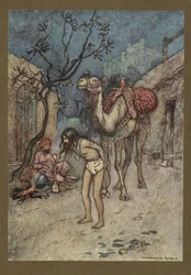 Talíř 16: "Velbloud vystoupil, na místě velblouda přivázal ke stromu a začal kouřit."  Folk-Tales of Bengal ... S 32 barevnými ilustracemi od Warwicka Goblea. (Luxusní vydání.).  1914