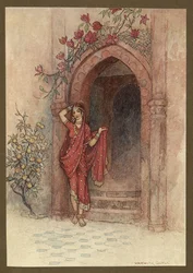 Deska 5: "U jejích dveří stála dáma nádherné krásy", z Lidových příběhů Bengálska... S 32 barevnými ilustracemi od Warwicka Gobleho. (luxusní edice)