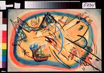 Kompozice, Paysage (Kompozice, Krajina) - Barevné, nereprezentativní zobrazení, kde se objevují budovy a hory - Práce Wassily Kandinsky (nebo Wassily Kandinski nebo Kandinskij