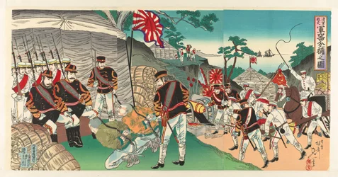 Japonští vojáci ukořistili zbraně, které po sobě zanechal prchající nepřítel Shingun haisô gunki bundori no zu (název na předmětu)