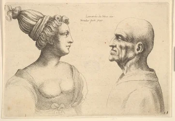 Žena s vlasy sepnutými dozadu a holohlavý muž proti sobě, 1645.