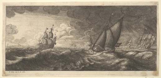 Jachta a tři válečné lodě v bouři, 1665.