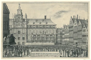 Vyhlášení míru z Munsteru v Antverpách, 1648 Eygentlycke Zobrazující způsob publikace den Peys mezi syne Mayesteyt den Coninck van Spagnien a Heeren Staten Generael van de Vereenich[de] Nederlanden na Heerlyc